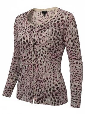 Talbots 100% Merino Wool Cardigan M Pink Leopard Print Classic